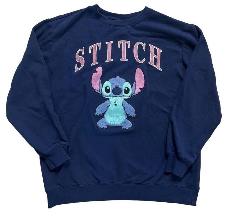 Disney Stitch Sweatshirt Size L Navy Blue Embroidered Graphic Crewneck